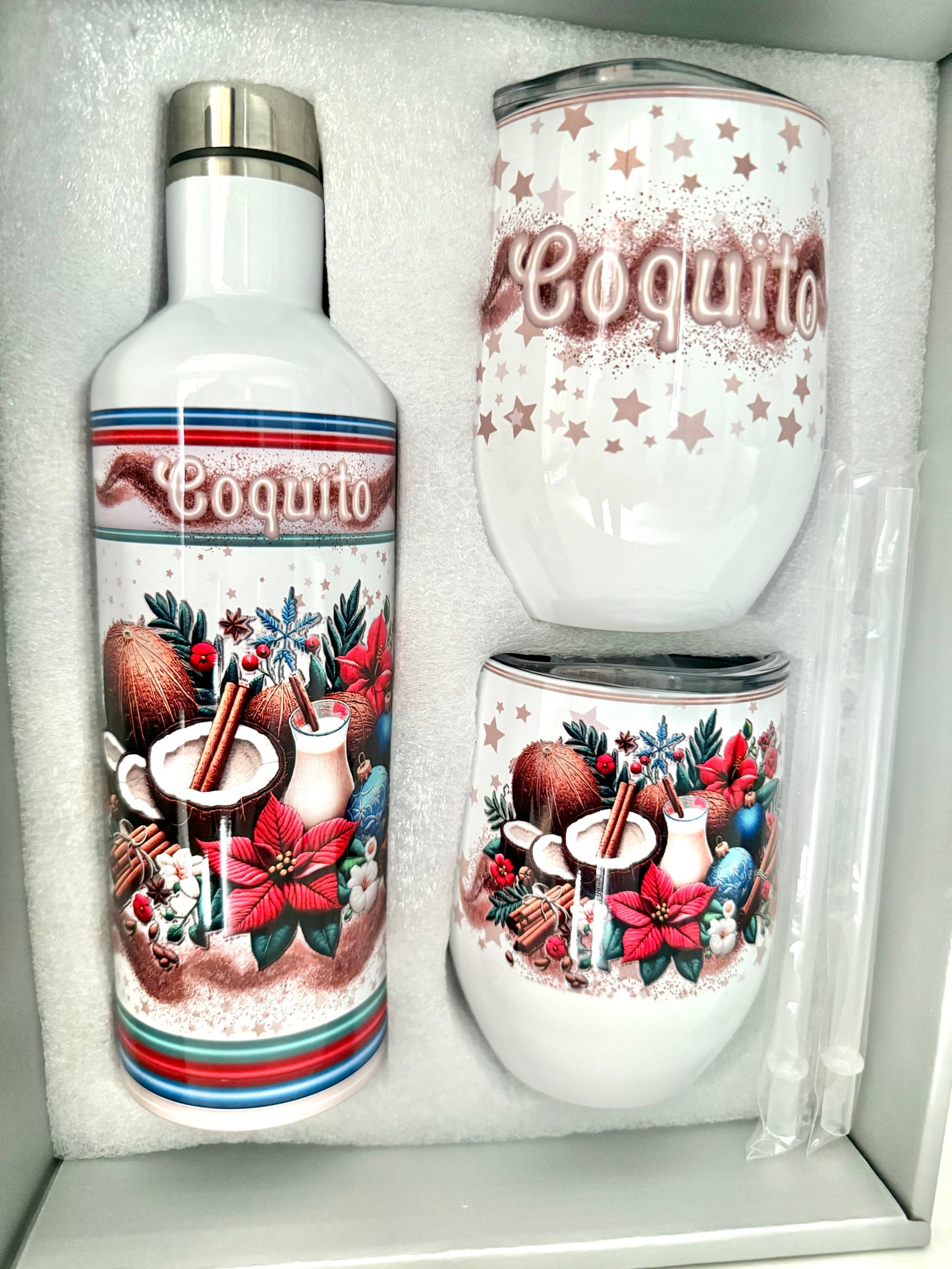 Coquito Bottle Set with funny nutrition facts